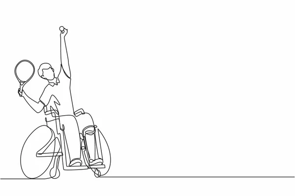 継続的な1行の車椅子テニススポーツを描く ラケットを持って車椅子でアスリート 活動家だ 社会政策 社会的支援 1本の線がグラフィックデザインベクトルを描く — ストックベクタ