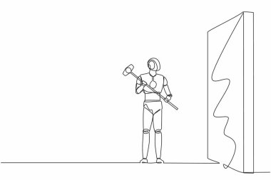 Devamlı bir çizgi robot çiziyor ve duvara bakarken büyük bir çekiç tutuyor. İnsansı robot sibernetik organizma. Geleceğin robotik gelişimi. Tek çizgi çizimi tasarım vektörü grafik çizimi