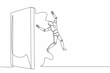 Sürekli bir çizgi çizen robot duvarın üzerinden atlamayı başardı. Yeni bir deneyim kazan. İnsansı robot sibernetik organizma. Geleceğin robotik gelişimi. Tek çizgi çizimi tasarım vektörü grafik çizimi