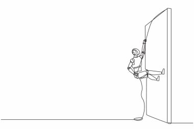 Tek sıra halinde robot halatla duvara tırmanıyor. Modern robot yapay zeka teknolojisi. Elektronik teknoloji endüstrisi. Bir çizgi çizimi grafik tasarım vektör çizimi