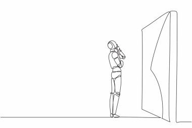 Büyük bir engel ya da duvarın önünde robot düşüncesi çizen tek sıra. Modern robot yapay zekası. Elektronik teknoloji endüstrisi. Bir çizgi çizimi grafik tasarım vektör çizimi