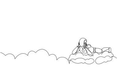 Tek bir çizgili robot bulutların üzerinde uzanıyor ve hayal kuruyor ya da bir şeyler düşünüyor. Robot yapay zeka. Elektronik teknoloji endüstrisi. Bir çizgi çizimi tasarım vektörü illüstrasyonu