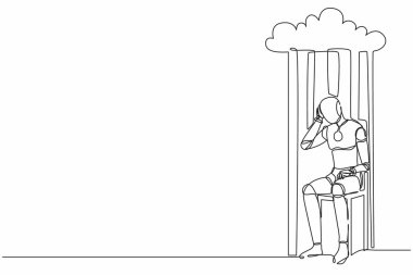 Tek çizgi, yağmur bulutu altında sandalyede oturan robotu çiziyor. Geleceğin teknoloji gelişimi. Yapay zeka ve makine öğrenme süreci. Devamlı çizgi çizimi tasarım vektörü illüstrasyonu