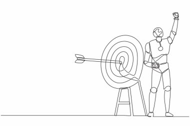 Tek bir çizgi, robotun elini kaldırarak yumruk hareketi yapması, okun hedefe isabet etmesi. Robot yapay zeka. Elektronik teknoloji endüstrisi. Bir çizgi çizimi tasarım vektörü illüstrasyonu