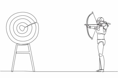 Gözü bağlı robotun ok tutarak hedef aradığı bir çizgi devam ediyor. İnsansı robot sibernetik organizma. Geleceğin robotik gelişimi. Tek çizgi çizimi tasarım vektörü grafik çizimi