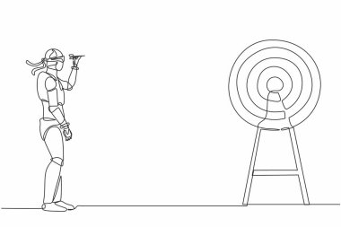 Tek bir çizgi robot çizer, gözlerini bağlar ve hedefi vurur. Geleceğin teknoloji gelişimi. Yapay zeka ve makine öğrenimi. Aralıksız çizgi çizimi tasarım grafik vektör çizimi