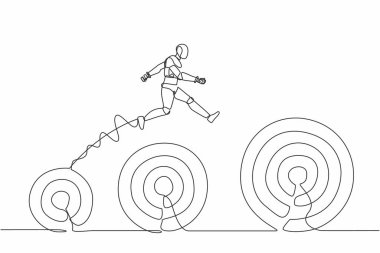 Tek sıra halinde robotlar daha yüksek hedeflere atlıyor. Bir sonraki hedef iş. Geleceğin teknolojisi. Yapay zeka makinesi öğrenmesi. Devamlı çizgi tasarımı vektör çizimi