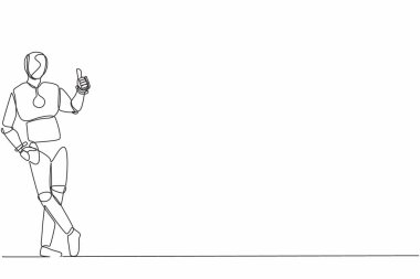 Tek bir çizgi robot ayakta duruyor ya da baş parmaklarıyla eğik duruyor. Geleceğin teknoloji gelişimi. Yapay zeka ve makine öğrenimi. Devamlı çizgi çizimi tasarım vektörü illüstrasyonu