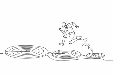 Devamlı bir çizgi, robotun daha büyük bir hedefe atlamasını sağlıyor, başarılı bir şekilde. Kariyerinde ilerlemek. İnsansı robot sibernetik organizma. Geleceğin robotik gelişimi. Tek çizgi tasarım vektör çizimi