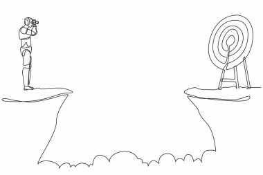 Elinde dürbünle uçurumun kenarına robot çizmeye devam et. İş hedefi hedefleri. İnsansı robot sibernetik organizma. Geleceğin robotu. Tek çizgi grafik tasarım vektör çizimi