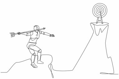 Tek bir çizgi, robotu uçurumun tepesinde durup dart tahtasına ok fırlatıyor. Modern robot yapay zekası. Elektronik teknoloji endüstrisi. Bir çizgi çizimi grafik tasarım vektörü