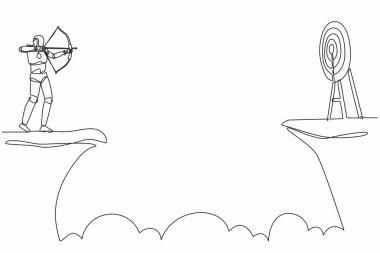 Elinde okçuyla uçurumun kenarına robot çizen tek bir çizgi. İş hedefi. Geleceğin teknolojisi. Yapay zeka ve makine öğrenimi. Devamlı çizgi çizimi tasarım vektörü illüstrasyonu