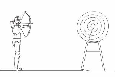Gözü bağlı robotun ok tutarak hedef aradığı bir çizgi devam ediyor. İnsansı robot sibernetik organizma. Geleceğin robotik gelişimi. Tek çizgi çizimi tasarım vektörü grafik çizimi
