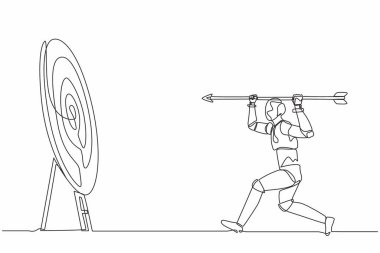 Tek bir çizgi, hedef üzerine büyük bir ok çiziyor. Gol başarısı. Geleceğin teknoloji gelişimi. Yapay zeka ve makine öğrenimi. Devamlı çizgi çizimi tasarım vektörü illüstrasyonu