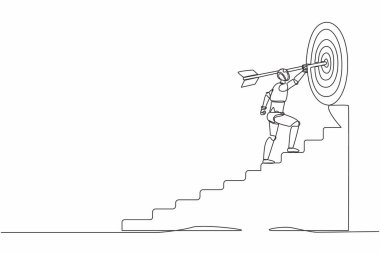 Oklu robotu sürekli çizen tek çizgi hedefine doğru koşuyor. Merdivenlerden, başarı basamaklarından. Robot yapay zeka. Elektronik teknoloji. Bir çizgi çizme tasarım vektörü
