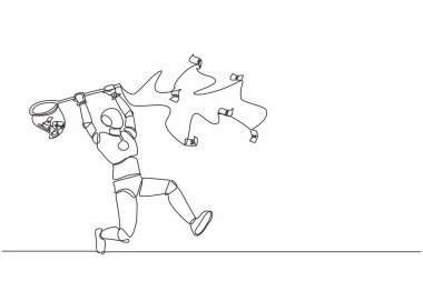 Tek sıra halinde uçan parayı kelebek ağıyla yakalamaya çalışan bir robot çiziyor. Robot yapay zeka. Elektronik teknoloji endüstrisi. Bir çizgi çizimi grafik tasarım vektör çizimi