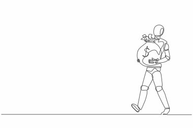 Tek sıra halinde yürüyen ve çuvalla nakit para taşıyan bir robot çiziyor. Geleceğin teknolojisi. Yapay zeka ve makine öğrenimi. Devamlı çizgi çizimi tasarım vektörü illüstrasyonu