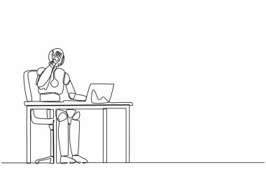 Dizüstü bilgisayarda sürekli robot çizimi yapmak kötü hissettiriyor, baş ağrısı, bitkinlik. İnsansı robot sibernetik organizma. Geleceğin robotik gelişimi. Tek çizgi çizimi tasarım vektörü grafik çizimi