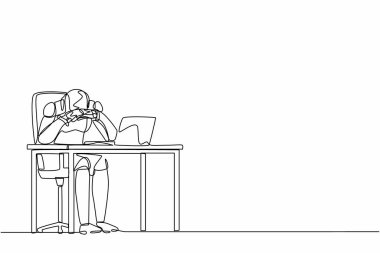 Tek bir çizgi, eli çenesinde hayal kırıklığına uğramış robotu şüpheye düşürüyor. Geleceğin teknoloji gelişimi. Yapay zeka makinesi öğrenmesi. Devamlı çizgi çizimi tasarım vektörü illüstrasyonu