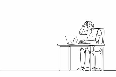 Bilgisayar dizüstü bilgisayarında çalışan kafası karışmış bir robot yöneticisi çiziyor. Geleceğin teknoloji gelişimi. Yapay zeka ve makine öğrenimi. Devamlı çizgi çizimi tasarım vektörü illüstrasyonu