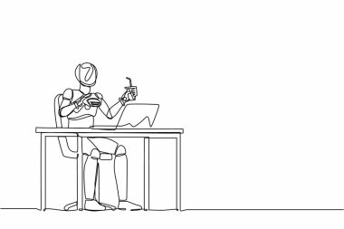 Hamburger yiyen robotların çizdiği tek sıra sağlıksız yaşam tarzı. Modern robot yapay zekası. Elektronik teknoloji endüstrisi. Bir çizgi grafik tasarım vektör çizimi