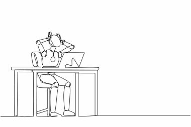 Tek sıra dizüstü bilgisayarın başında oturmuş hayal kırıklığına uğramış bir robot çiziyor. Geleceğin teknoloji gelişimi. Yapay zeka makinesi öğrenmesi. Devamlı çizgi tasarımı grafik vektör illüstrasyonu