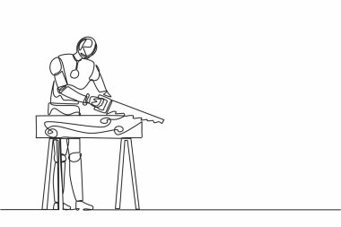 Tek sıra robot tamircisi, inşaatçı ya da marangoz testeresi çiziyor. Geleceğin teknoloji gelişimi. Yapay zeka makinesi öğrenmesi. Devamlı çizgi çizimi tasarım vektörü illüstrasyonu