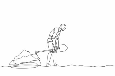 Tek sıra robot hareketini çiziyor. Dengesiz bir şekilde yürüyor. Çukur kazılmış kürek sürüklüyor. Geleceğin teknolojisi. Yapay zeka ve makine öğrenimi. Devamlı çizgi tasarımı grafik vektör illüstrasyonu