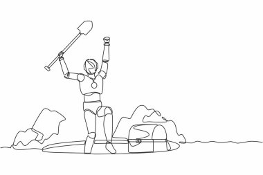 Sürekli bir çizgi çizerek mutlu bir robot kürek kaldırıyor ve sandık hazinesi buluyor. İnsansı robot sibernetik organizma. Geleceğin robotik gelişimi. Tek çizgi çizimi tasarım vektörü grafik çizimi