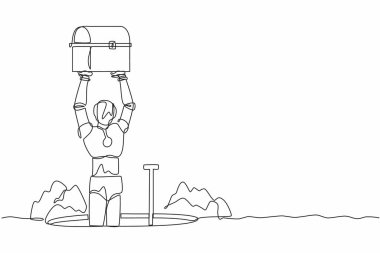 Tek sıra halinde robot çukur kazıyor ve göğüs hazinesini kaldırıyor. Modern robot yapay zekası. Elektronik teknoloji. Bir çizgi çizimi grafik tasarım vektör çizimi