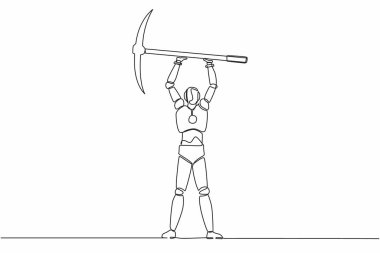 Tek sıra halinde duran ve kazmayı kaldıran bir robot. Geleceğin teknoloji gelişimi. Yapay zeka ve makine öğrenme süreci. Devamlı çizgi çizimi tasarım vektörü illüstrasyonu