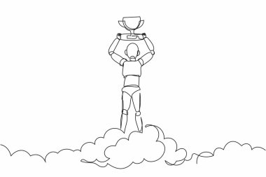 Tek sıra halinde robot bulutların içinde kupayı tutuyor. Gökyüzündeki zaferi kutluyor. Geleceğin teknoloji gelişimi. Yapay zeka makinesi öğrenmesi. Devamlı çizgi tasarımı vektör çizimi