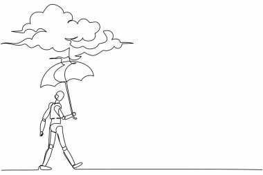 Yağmur bulutu altında şemsiyeyle yürüyen robotu çizmeye devam et. İşimde başarısız oldum. İnsansı robot sibernetik organizma. Robot gelişimi. Tek çizgi tasarım vektör grafik çizimi