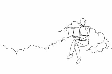 Bulut okuma kitabına oturmuş robot çizen tek satır. Edebiyat okuyorum. Geleceğin teknoloji gelişimi. Yapay zeka makinesi öğrenmesi. Devamlı çizgi çizimi tasarım vektörü illüstrasyonu