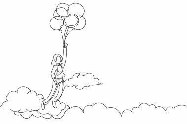 Tek sıra halinde, bulutların arasında uçan balonla yüzen mutlu iş kadını çiziyor. Yönetici hedefe ulaşır, hedefe ulaşır, çözüm bulur. Aralıksız çizgi çizimi tasarım grafik vektör çizimi