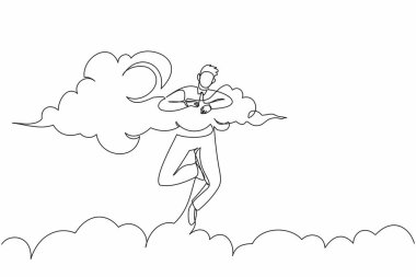 Tek sıra halinde mutlu iş adamları bulutlarda asılı duruyor. Başarı umudu, finansal özgürlük, iş projesini kazanmak, başarı kavramı. Bir çizgi çizimi grafik tasarım vektör çizimi