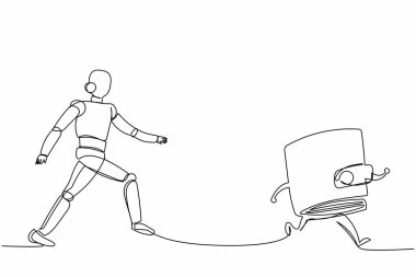 Tek sıra halinde robot çizerek cüzdanını kovalıyor. E-para biriktirmek için dijital e-cüzdan. Robot yapay zeka. Elektronik teknoloji endüstrisi. Bir çizgi çizimi tasarım vektörü illüstrasyonu