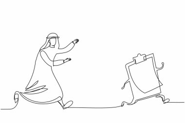 Arap işadamının pano kovalamasını sağlayan tek sıra. Evrak işleri, dosyalama listesi. Arap yönetici belgeyi imzalıyor. İş metaforu. Bir çizgi çizimi grafik tasarım vektör çizimi