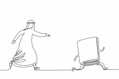 Eğitim için ders kitabı kovalayan Arap işadamlarının çizdiği tek çizgi. Aspirasyon konsepti öğreniyorum. Edebiyat, sözlükler, ansiklopediler. Bir çizgi çizimi grafik tasarım vektör çizimi