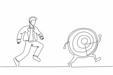 Devamlı bir çizgi halinde iş adamları büyük dart hedeflerini yakalamaya çalışıyor. Ofis çalışanı kariyer hedefinin peşinden koşuyor. İş metaforu. Tek çizgi çizimi tasarım vektörü grafik çizimi