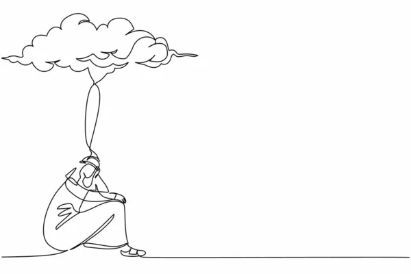 継続的な1行の描画落ち込んでアラビア語のビジネスマンのストレスと悲しい感じている 雨の雲の下に座っている ビジネス上の問題のある不幸な労働者 1本の線画ベクトルグラフィックイラスト — ストックベクタ