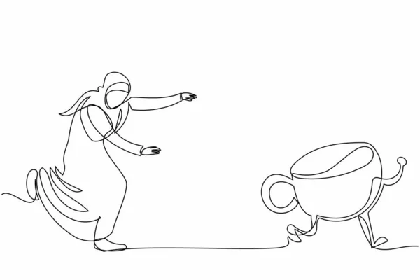 Постійна Одна Лінія Малює Арабську Бізнес Жінку Яка Біжить Чашкою — стоковий вектор
