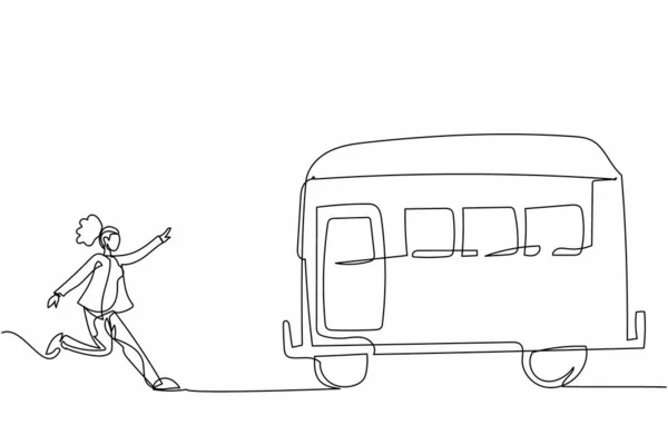 Single one line drawing businesswoman run chasing try to catch train. Hurry running to get transportation, public passenger vehicle. Business metaphor. Continuous line draw design vector illustration