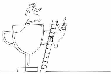 Rakibini başarı kupasından düşürmek için sürekli tekmeleyen tek bir Arap işadamı çizgisi. Minimalizm benzetmesi. Bir çizgi çizimi grafik tasarım vektör çizimi