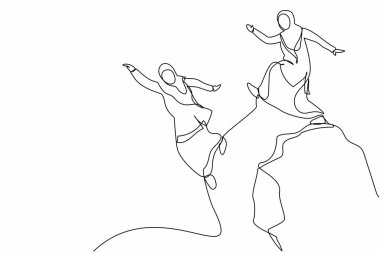 Saldırgan Arap iş kadınlarını çeken tek sıra iş ortağını uçurumdan aşağı attı. Sahtekarlık, ihanet, kıskançlık, rakip, aldatma. Bir çizgi grafik tasarım vektör çizimi