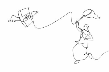 Şanssız Arap iş kadını kelebek ağıyla uçan para yığınını yakalamaya çalışıyor. İşi ya da proje fırsatını kaybetmek. Bir çizgi çizimi grafik tasarım vektör çizimi