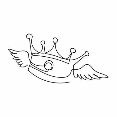 Tek sıra halinde uçan tacı kanatlı çiziyor. Klasik kanatlı King Crown rozeti. Yaratıcı logo illüstrasyon tasarımı ögesi için. Dinamik bir çizgi çizer grafik tasarım vektörü çizer