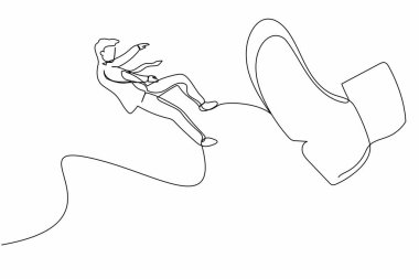 Tek sıra halinde iş adamı koca ayak küçük adamları tekmeliyor. İflas, iflaslar. Koca ayak tarafından kovulan erkek işçi işsiz kalıyor. Bir çizgi grafik tasarım vektör çizimi