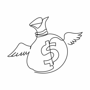Tek sıra halinde uçan kanatlı para çantası. Kanatlı para çantası, dolar işareti, sinekler ve parıltılar. Kanatlı para çuvalı ikonu. Dinamik bir çizgi çizer grafik tasarım vektörü çizer