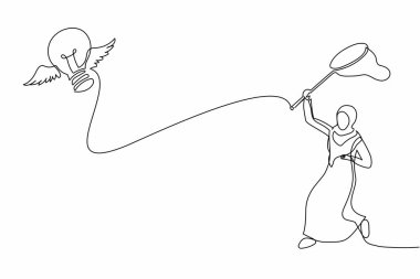Arap iş kadınlarının sürekli çizdiği tek çizgi kelebek ağıyla uçan ampulü yakalamaya çalışıyor. Ticari gelişim için parlak bir fikri kaybetmek. Bir çizgi çizimi grafik tasarım vektör çizimi